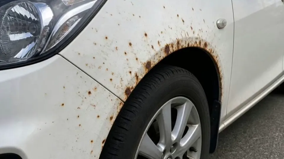 Orange rust spots on the white body of a car near the front wheel